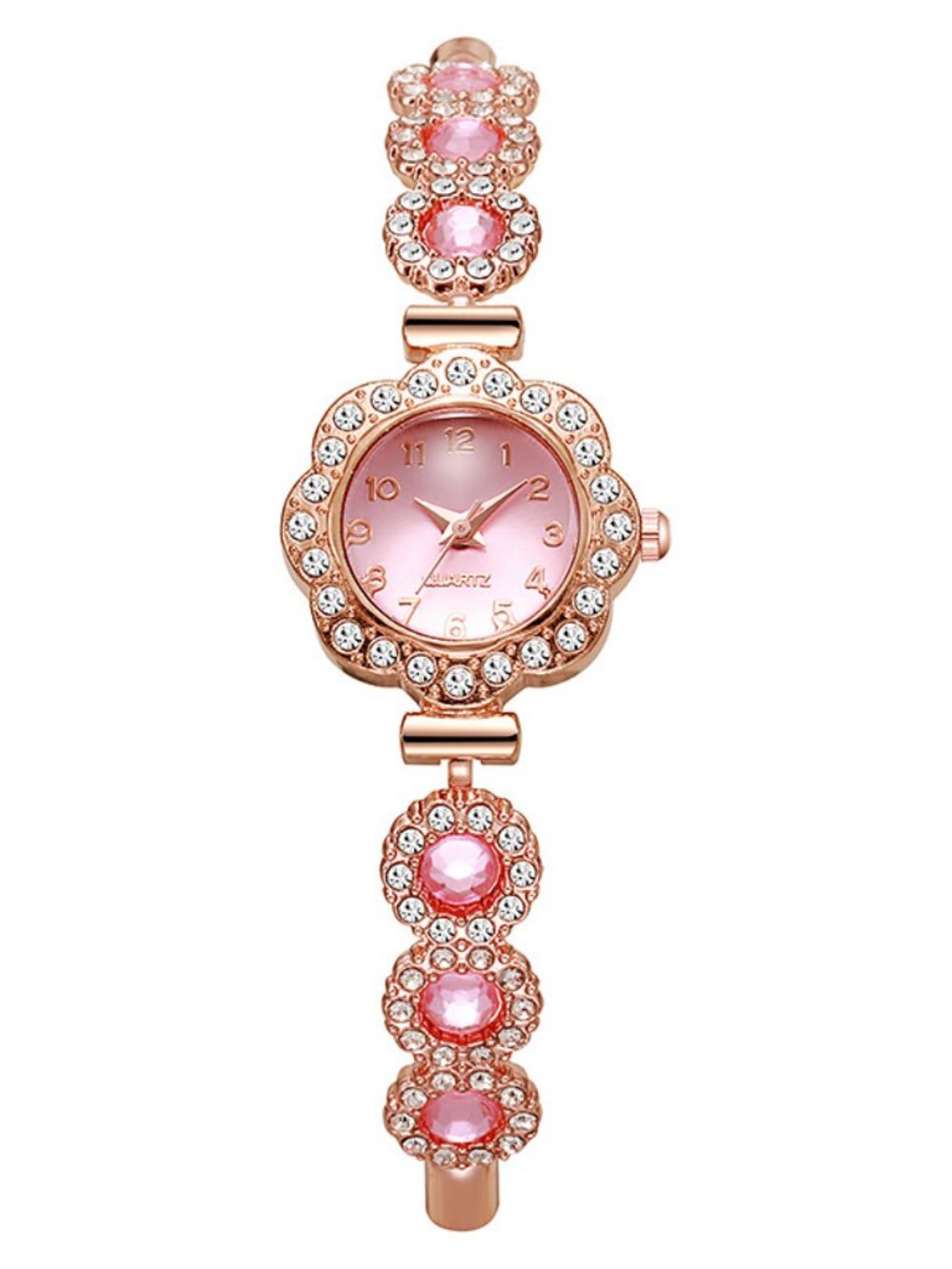 Rose Gold Pink Crystal Floral Quartz Bracelet Watch for Women